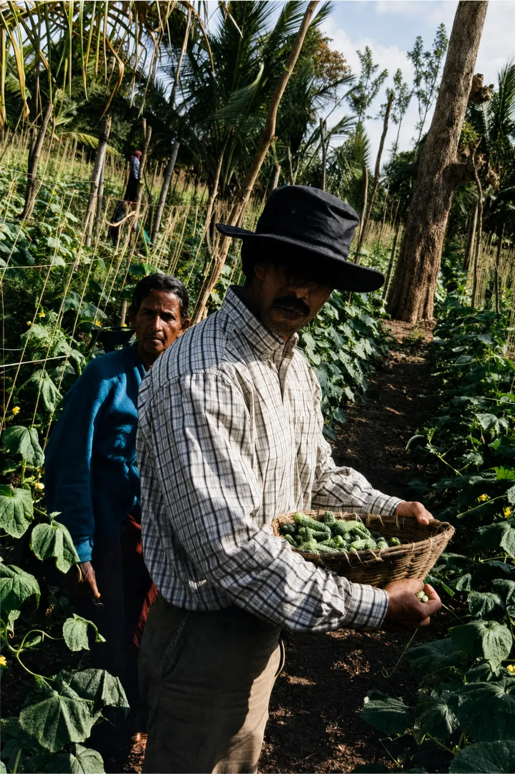 Sunil in a gherkin field during harvest